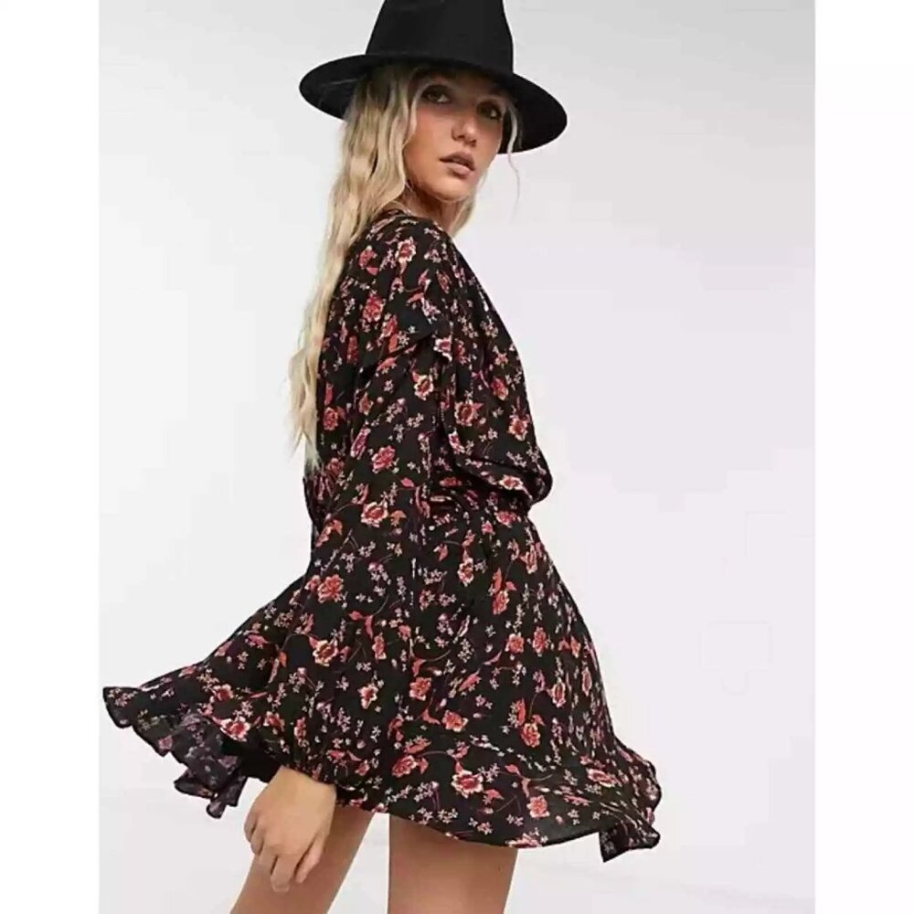 Free People Flower Fields Mini Dress Dark Combo Womens Size Small Black Button